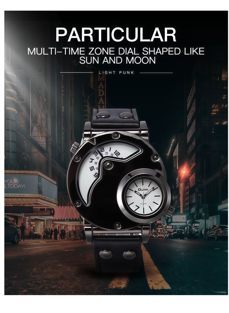 Oulm Men's Watch, Dual Time Zone Display, Sporty and Stylish Design, Genuine Leather Strap, Business Casual Quartz Watch - Image 2