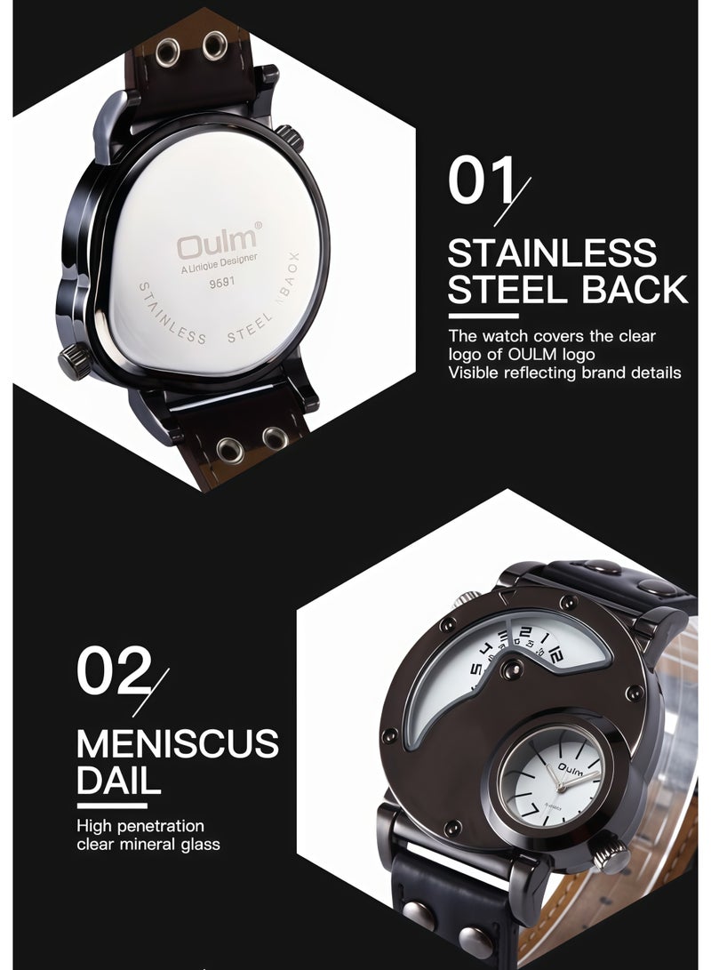 Oulm Men's Watch, Dual Time Zone Display, Sporty and Stylish Design, Genuine Leather Strap, Business Casual Quartz Watch - Image 4