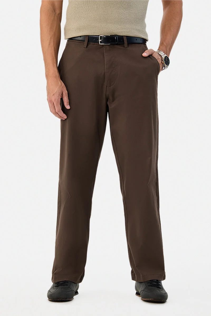 SNITCH Brown Solid Wide Leg Casual Chinos