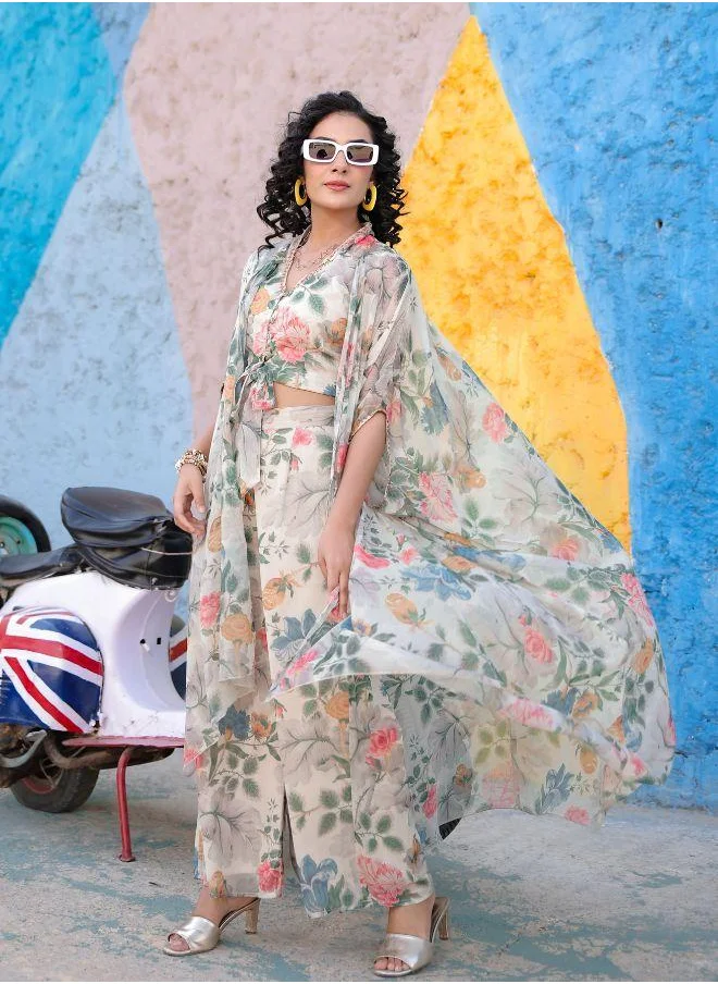 #Be Cream Floral Print Three-Piece Set with Sheer Cape