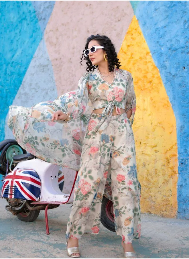 #Be Cream Floral Print Three-Piece Set with Sheer Cape