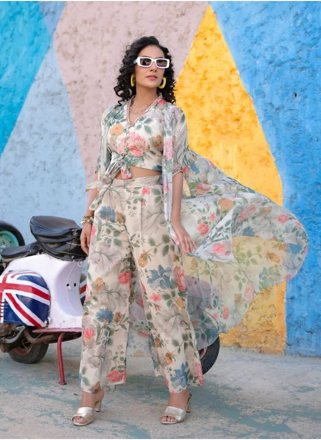 #Be Cream Floral Print Three-Piece Set with Sheer Cape