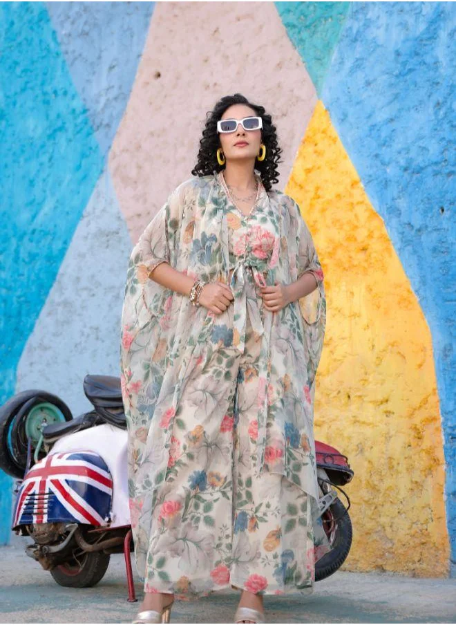 #Be Cream Floral Print Three-Piece Set with Sheer Cape