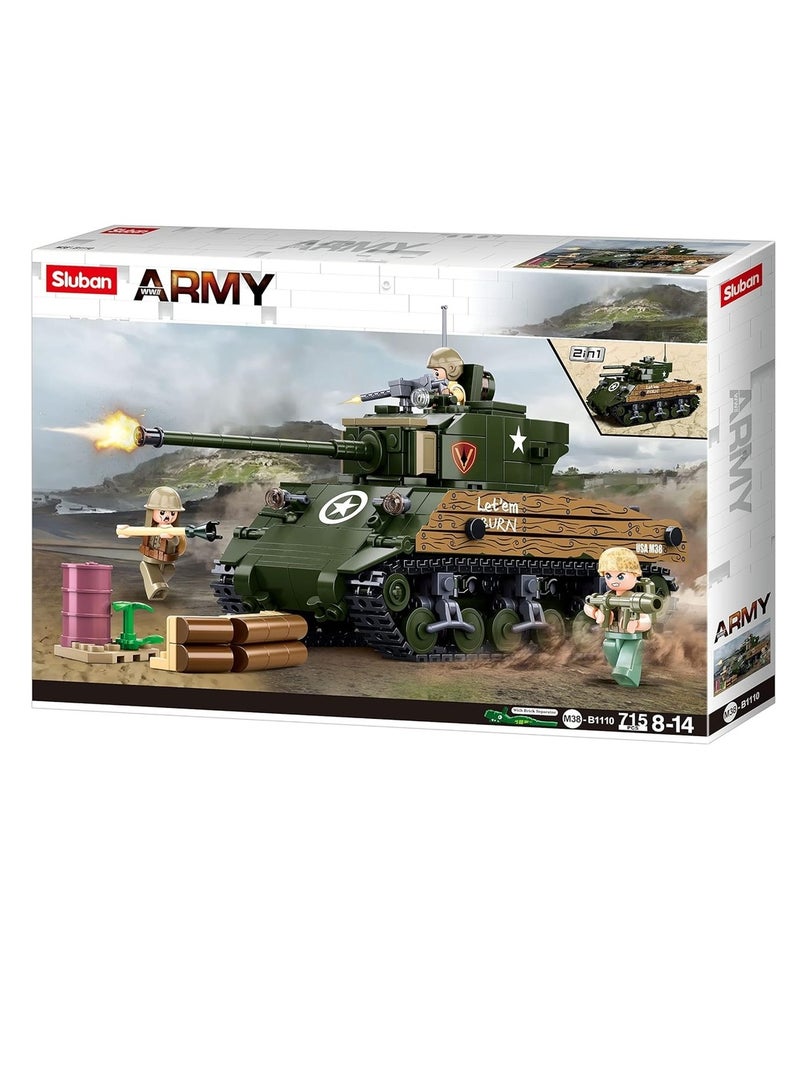 Sluban Sluban - WWII Army Pacific Sherman M4A3 Battle Tank Bricks Set 715 Pieces - M38-B1110 - Image 1