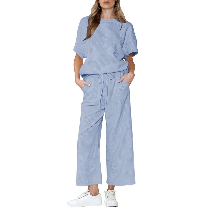 Q24S8523 cross-border European and American womens clothing Amazon summer fashion casual crew neck short sleeve pants two-piece set Blue