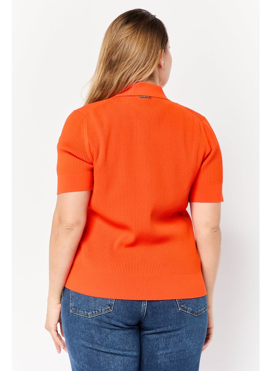 Michael Kors Women Regular Fit Short Sleeve Rib Knit Polo Shirts, Optic Orange  - Image 4