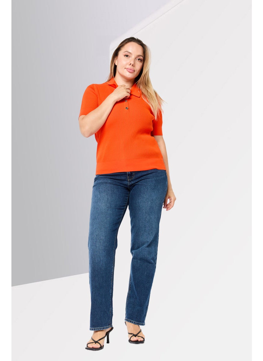 Michael Kors Women Regular Fit Short Sleeve Rib Knit Polo Shirts, Optic Orange  - Image 2