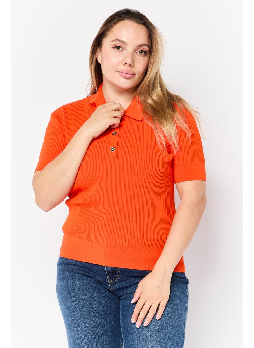 Michael Kors Women Regular Fit Short Sleeve Rib Knit Polo Shirts, Optic Orange  - Image 1