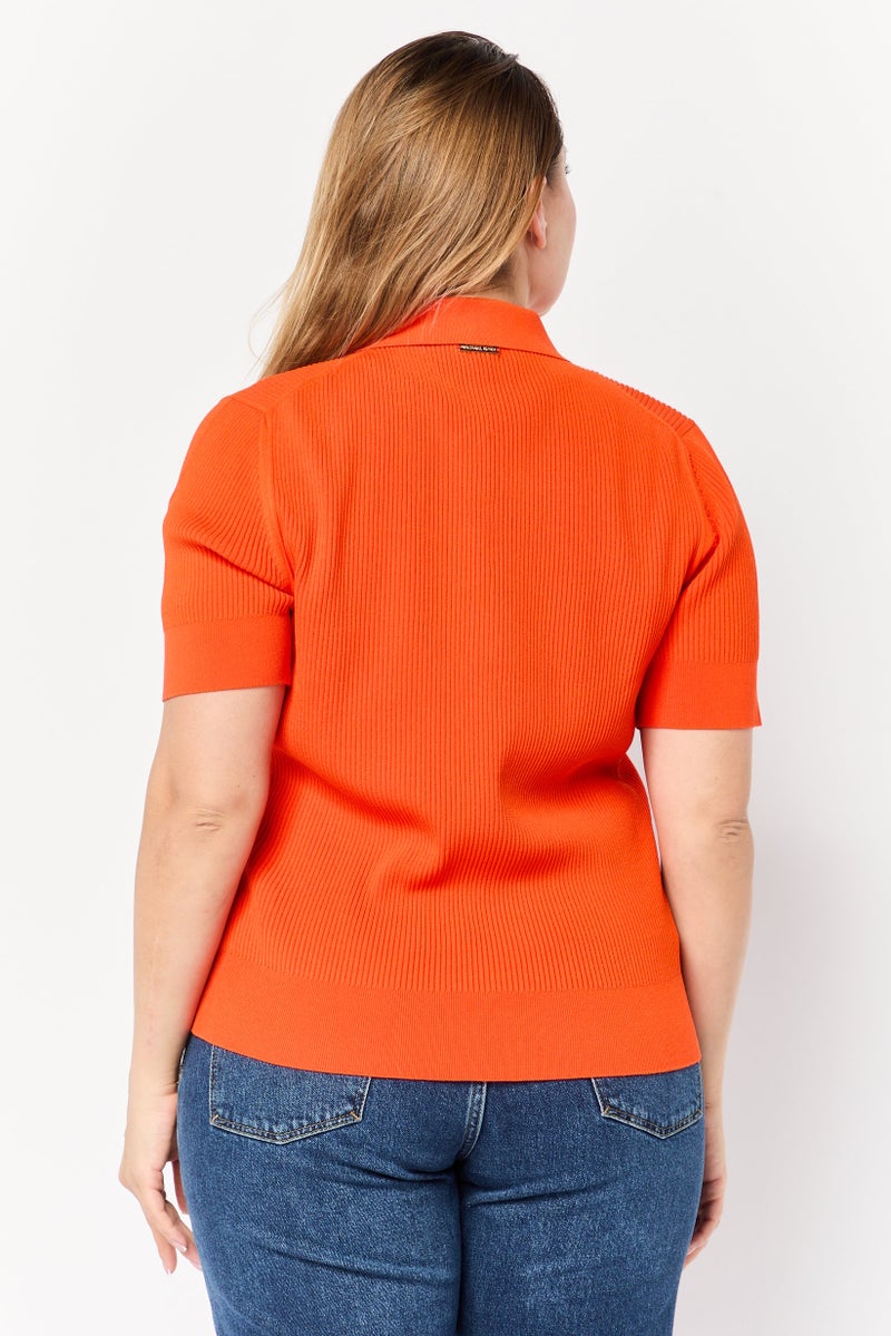 Michael Kors Women Regular Fit Short Sleeve Rib Knit Polo Shirts, Optic Orange  - Image 4