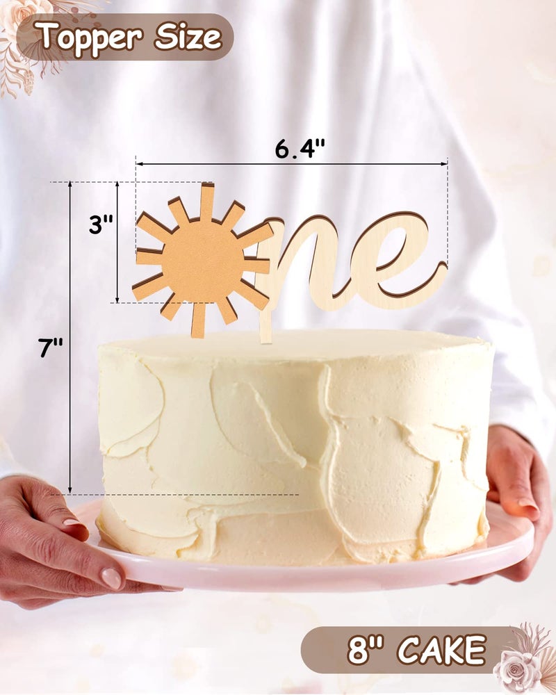 Huray Rayho Sun One Cake Topper 1st Birthday Cake Decoration  6.4'' x 7'' One Year Old Wooden Sun Cake Topper First Trip Around the Sun You Are My Sunshine Cake Smash Photo Booth Props B-day Bar Party Supplies - Image 3
