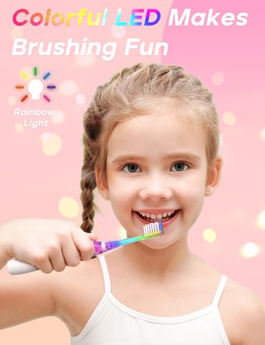 SEAGO Kids Electric Toothbrush with 2 Mins Brushing Timer and 8 Replacement Brush HeadsRainbow LED Light Makes Brushing Fun Battery Powered Toothbrush for Boys Girls 368 Years OldPink - Image 3