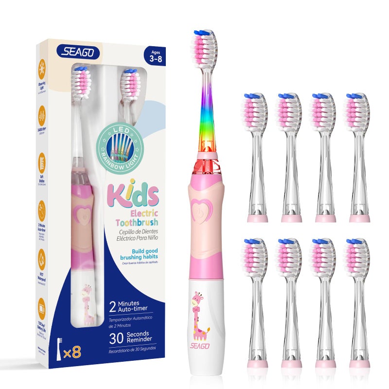 SEAGO Kids Electric Toothbrush with 2 Mins Brushing Timer and 8 Replacement Brush HeadsRainbow LED Light Makes Brushing Fun Battery Powered Toothbrush for Boys Girls 368 Years OldPink - Image 2