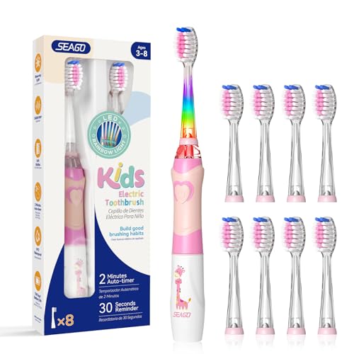 SEAGO Kids Electric Toothbrush with 2 Mins Brushing Timer and 8 Replacement Brush HeadsRainbow LED Light Makes Brushing Fun Battery Powered Toothbrush for Boys Girls 368 Years OldPink - Image 1