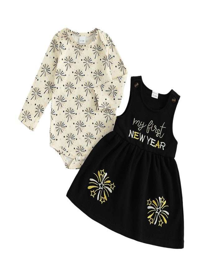 Socutebabe My First New Year Baby Girl Outfit Newborn Romper And Warm Overalls Skirt Toddler Dress Outfits Clothes (My First New Year Black, 6-12 Months) - Image 1