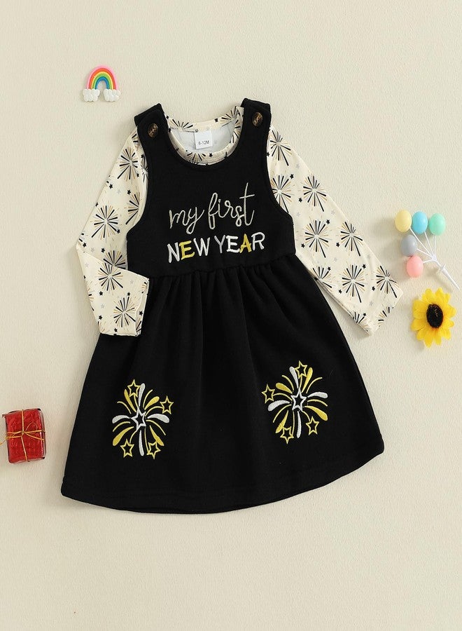Socutebabe My First New Year Baby Girl Outfit Newborn Romper And Warm Overalls Skirt Toddler Dress Outfits Clothes (My First New Year Black, 6-12 Months) - Image 2