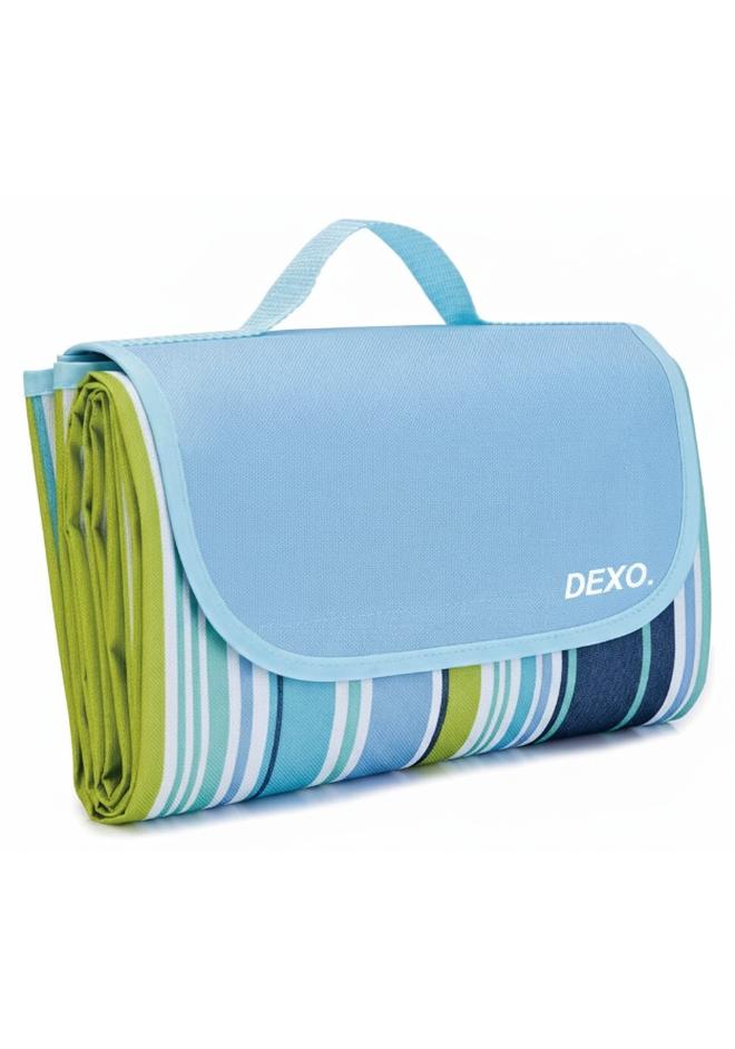 DEXO حصيرة نزهة خارجية مقاومة للماء وقابلة للطي – كبيرة 145x180 سم، مخططة أزرق – مقاومة للرمل والتمزق، بطانية شاطئ، حصيرة تخييم محمولة لـ 4-6 أشخاص، عائلة، سفر، مهرجانات، للاستخدام المنزلي - Image 1