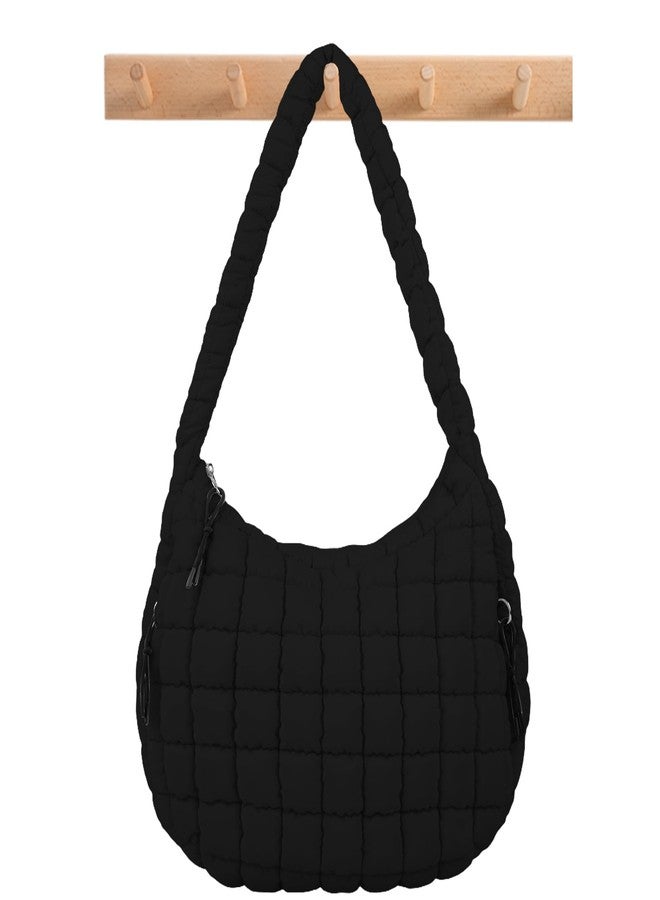 Iqimott حقيبة كتف مبطنة مزودة بسحاب، حقيبة سفر نسائية من النايلون، حقيبة هوبو كبيرة الحجم مزودة بمقبض علوي (أسود) - Image 1