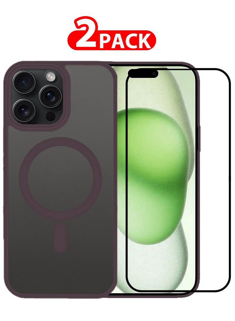 CATANES 2 Pieces Magnetic Slim Protective Case for iPhone 15 Pro Max - with Wireless Charging Support with 3D Screen Protector - Marlot - Image 1