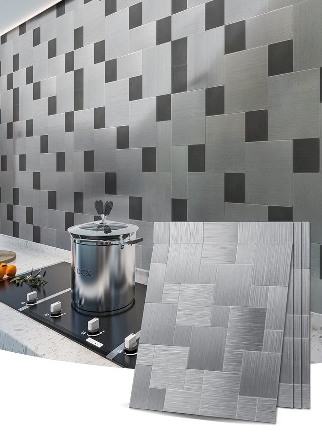 Art3d Peel and Stick On Metal Steel Backsplashes, 10-Piece Puzzle Brush Silver Square - Image 2