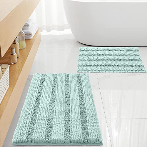 FLOLEOPA Non Slip Thick Shaggy Chenille Bathroom Rug Sets 2 Piece Thickened Hot Melt Rubber Bottom Bath Mats for Bathroom Bath Rugs Quick Dry Machine Washable for Shower Spa Blue 32x20 Plus 17x24 - Image 1