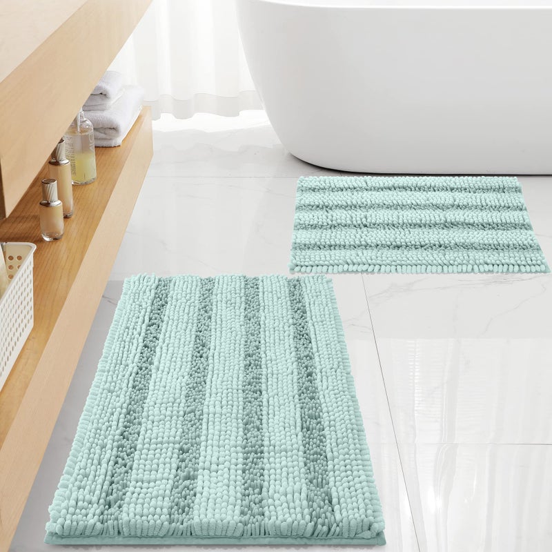 FLOLEOPA Non Slip Thick Shaggy Chenille Bathroom Rug Sets 2 Piece Thickened Hot Melt Rubber Bottom Bath Mats for Bathroom Bath Rugs Quick Dry Machine Washable for Shower Spa Blue 32x20 Plus 17x24 - Image 2