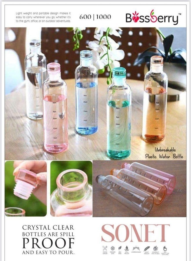 Bossberry Sonnet Water Bottle, Crystal Clear Plastic bottle, Spill Proof,Screw lid, 600ml and 1000ml set of 2 (600ml) - Image 5