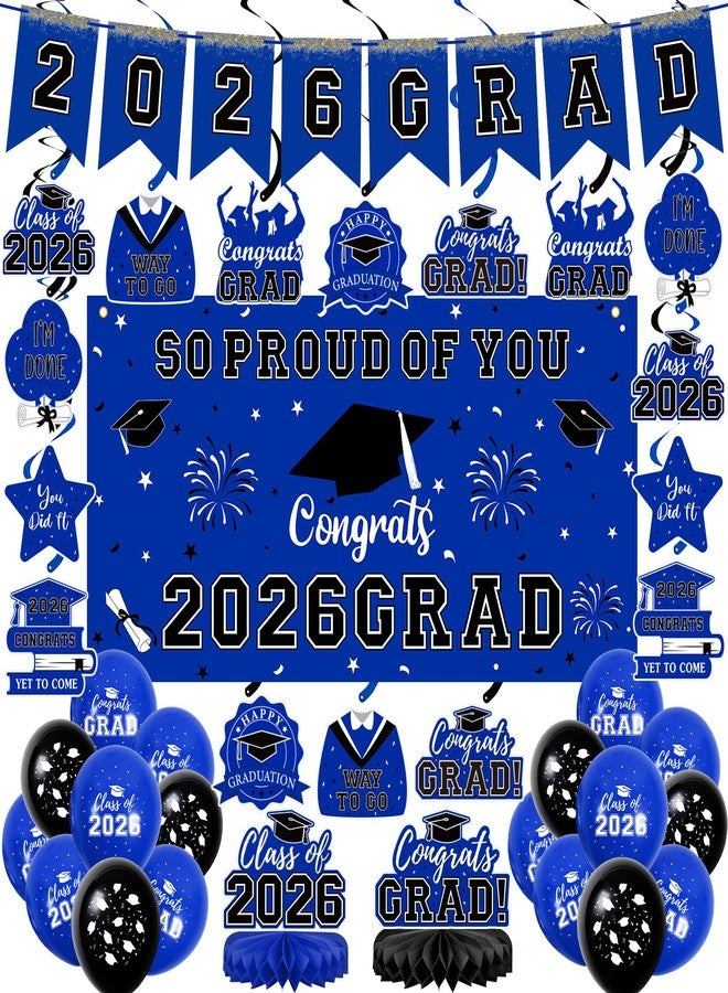 Yunfan 59Pcs Graduation Decorations 2026 Backdrop Balloons Banner Centerpiece Hanging Swirls Grad Class of 2026 Decorations for kindergarten K-12th College Any Grade Blue Themed - Image 1