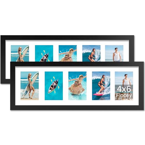 Flocey 8x24 Picture Frame with Tempered Glass, 4x6 picture frame collage, Display Five 4x6 Photos with Mat or One 8 x 24 Picture without Mat - Horizontal or Vertical Wall Mounting, 2 Pack, Black - Image 1
