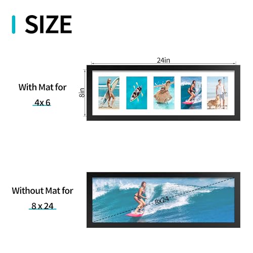 Flocey 8x24 Picture Frame with Tempered Glass, 4x6 picture frame collage, Display Five 4x6 Photos with Mat or One 8 x 24 Picture without Mat - Horizontal or Vertical Wall Mounting, 2 Pack, Black - Image 2