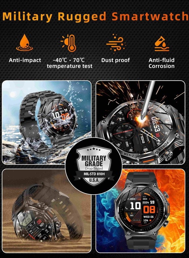 Kpep Military Watches for Men with 2 Straps (Bluetooth Call), 1.75" HD Screen Military Watch with Flashlight, 800mAh Battery, SpO2 Heart Rate Sleep Monitor IP68 Waterproof Smartwatches for Android iOS - Image 3