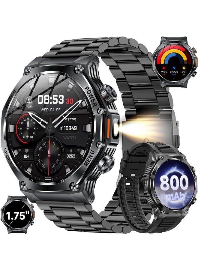 Kpep Military Watches for Men with 2 Straps (Bluetooth Call), 1.75" HD Screen Military Watch with Flashlight, 800mAh Battery, SpO2 Heart Rate Sleep Monitor IP68 Waterproof Smartwatches for Android iOS - Image 1