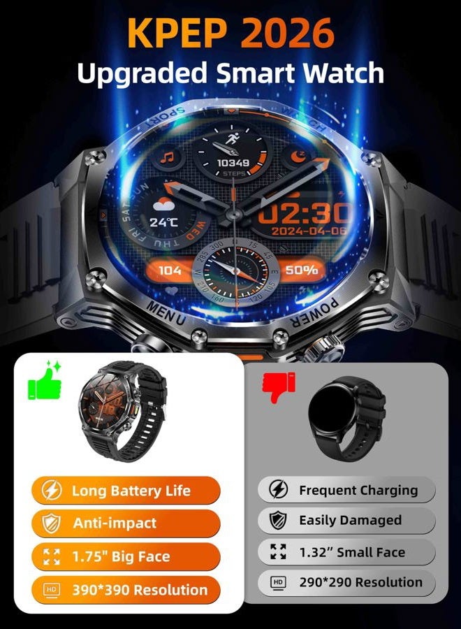 Kpep Military Watches for Men with 2 Straps (Bluetooth Call), 1.75" HD Screen Military Watch with Flashlight, 800mAh Battery, SpO2 Heart Rate Sleep Monitor IP68 Waterproof Smartwatches for Android iOS - Image 5