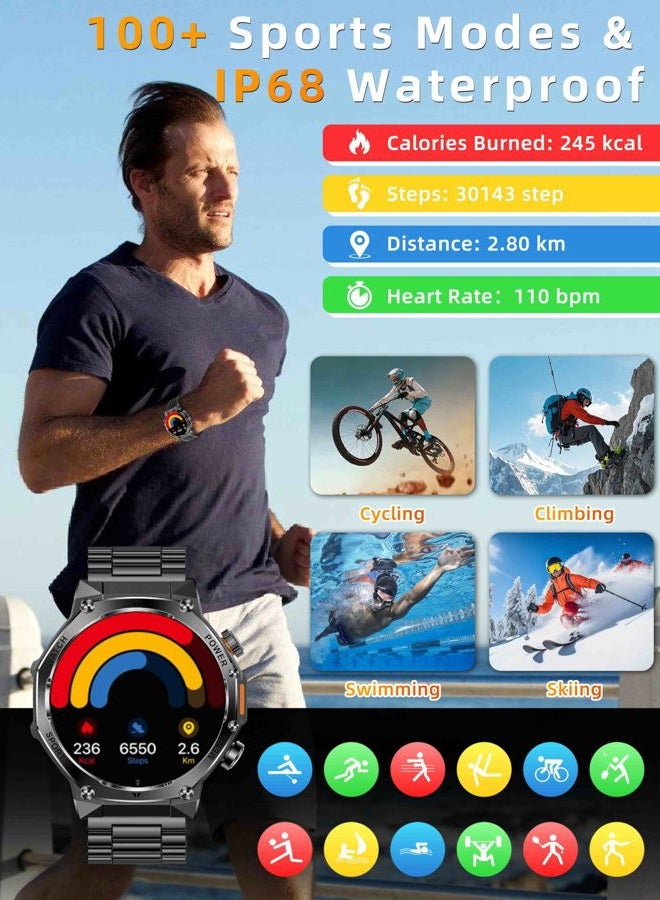 Kpep Military Watches for Men with 2 Straps (Bluetooth Call), 1.75" HD Screen Military Watch with Flashlight, 800mAh Battery, SpO2 Heart Rate Sleep Monitor IP68 Waterproof Smartwatches for Android iOS - Image 4