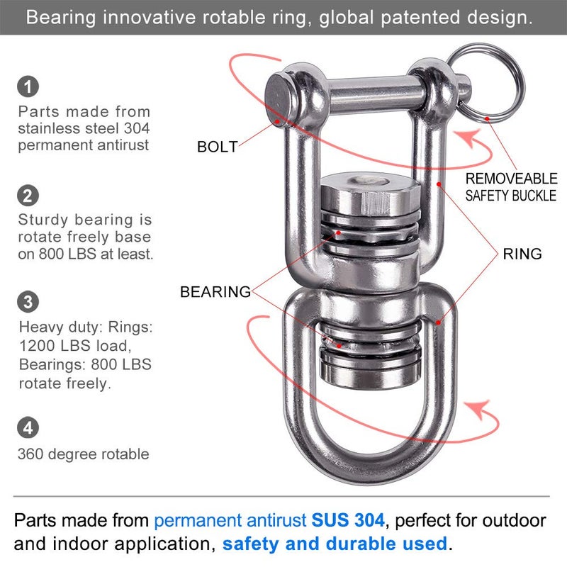 BeneLabel Swing Swivel with 2 Bearing, 360° Rotation, 770LB Capacity, Safest Rotational Device Hanging Accessory for Web Tree Swing, Aerial Dance, Children's Swing, Yoga Swing Sets - Image 2