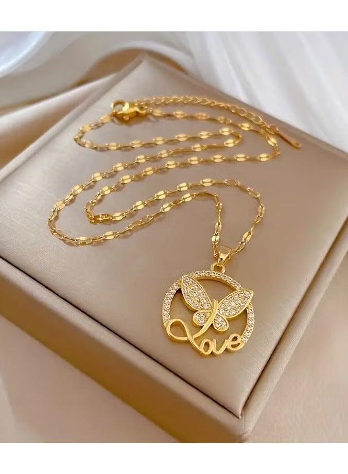 قلادة على شكل فراشة من الفولاذ المقاوم للصدأ مع حرف حب مرصعة بزركونيا مكعبة، سلسلة الترقوة العصرية هدية مجوهرات للنساء والفتيات - Image 1