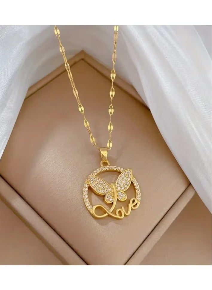 قلادة على شكل فراشة من الفولاذ المقاوم للصدأ مع حرف حب مرصعة بزركونيا مكعبة، سلسلة الترقوة العصرية هدية مجوهرات للنساء والفتيات - Image 4