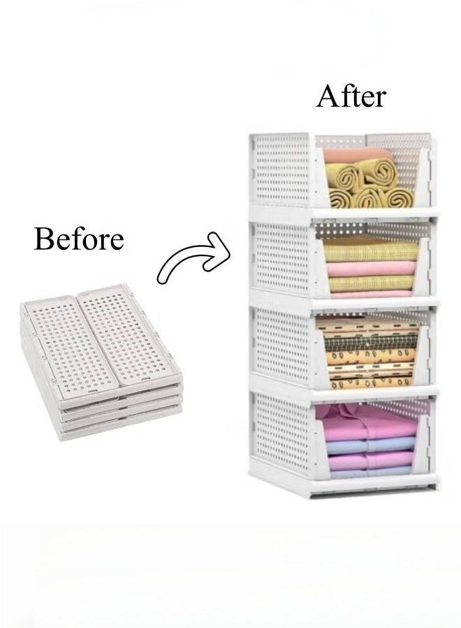 MIXDE Stackable Plastic Storage Basket 4PCS Large Foldable Closet Organizer Stackable Drawer for Wardrobe Cabinet Kitchen Bathroom Office White - Image 1
