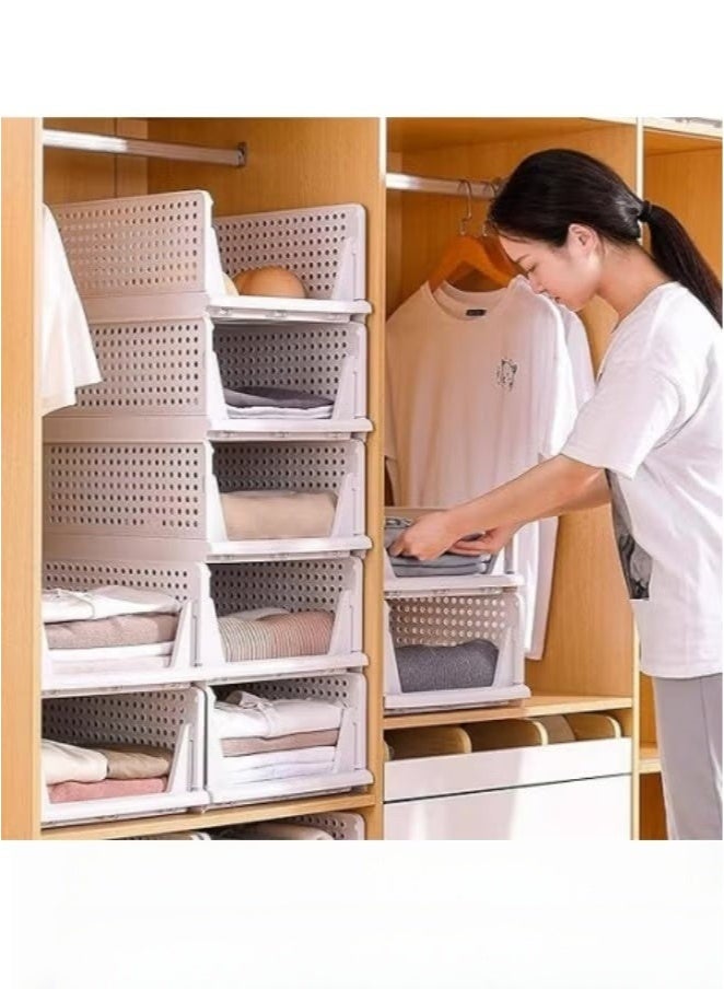 MIXDE Stackable Plastic Storage Basket 4PCS Large Foldable Closet Organizer Stackable Drawer for Wardrobe Cabinet Kitchen Bathroom Office White - Image 4