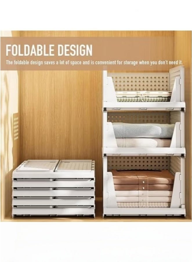 MIXDE Stackable Plastic Storage Basket 4PCS Large Foldable Closet Organizer Stackable Drawer for Wardrobe Cabinet Kitchen Bathroom Office White - Image 2