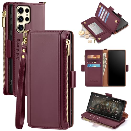 Antsturdy Compatible with Samsung Galaxy S25 Ultra Wallet Case with Card HolderPU Leather Phone Case Flip Protective Cover RFID Blocking Wrist Strap Credit Card Slots Kickstand Men WomenWine Red - Image 1