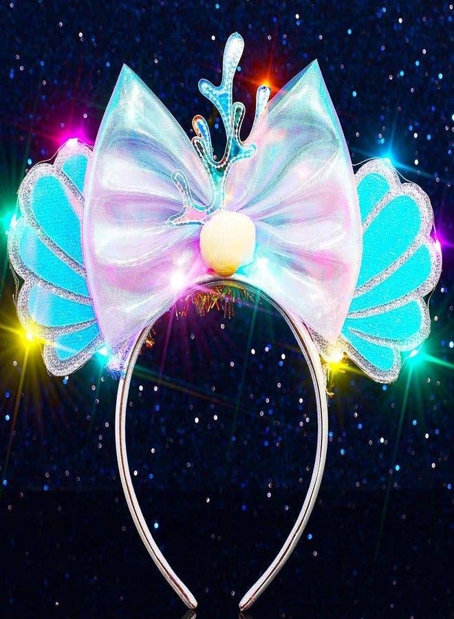 TWINKLEDE Light Up Mermaid Mouse Ear Headband Sparkly Princess Bow Hair Accessories for Women - Image 1