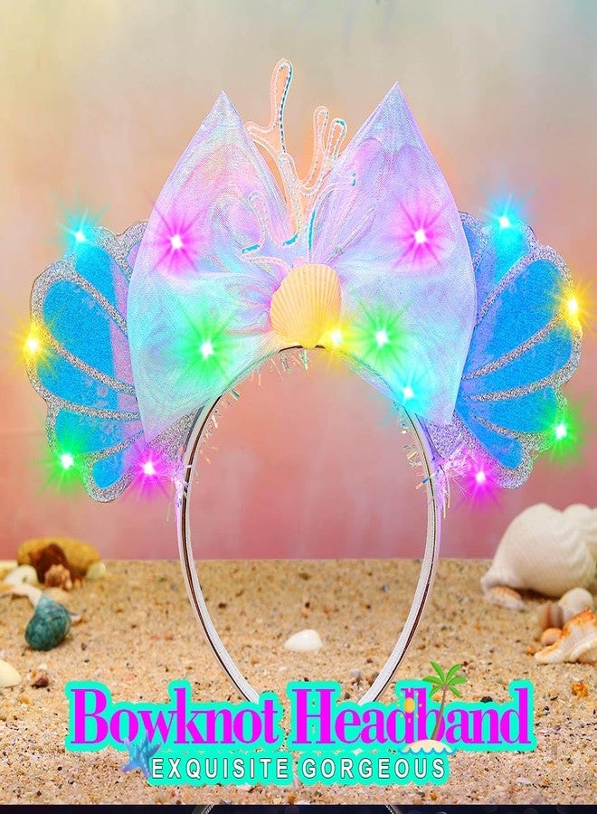 TWINKLEDE Light Up Mermaid Mouse Ear Headband Sparkly Princess Bow Hair Accessories for Women - Image 3