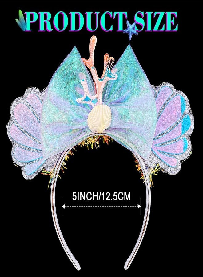 TWINKLEDE Light Up Mermaid Mouse Ear Headband Sparkly Princess Bow Hair Accessories for Women - Image 5