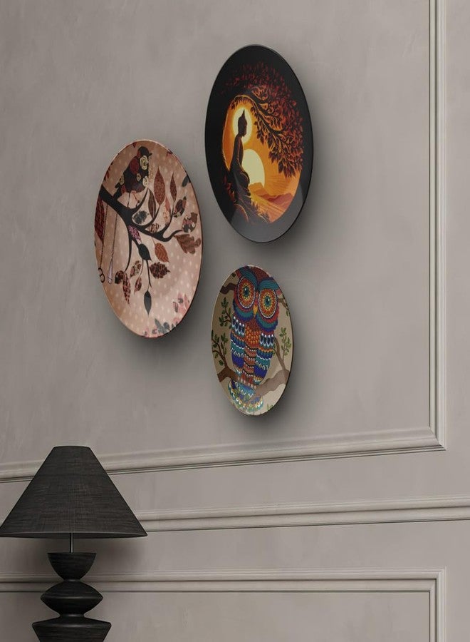 woodhang Spiritual & Bohemian-Inspired Decorative Ceramic Wall Plates Set of 3|Meditating Buddha, Owl & Bird Motifs|Living Room, Yoga Room & Bedroom Decor|Beautiful Housewarming Gift - Image 3