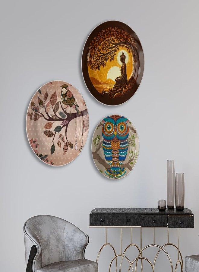 woodhang Spiritual & Bohemian-Inspired Decorative Ceramic Wall Plates Set of 3|Meditating Buddha, Owl & Bird Motifs|Living Room, Yoga Room & Bedroom Decor|Beautiful Housewarming Gift - Image 1