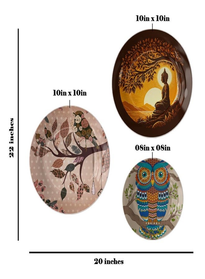 woodhang Spiritual & Bohemian-Inspired Decorative Ceramic Wall Plates Set of 3|Meditating Buddha, Owl & Bird Motifs|Living Room, Yoga Room & Bedroom Decor|Beautiful Housewarming Gift - Image 2