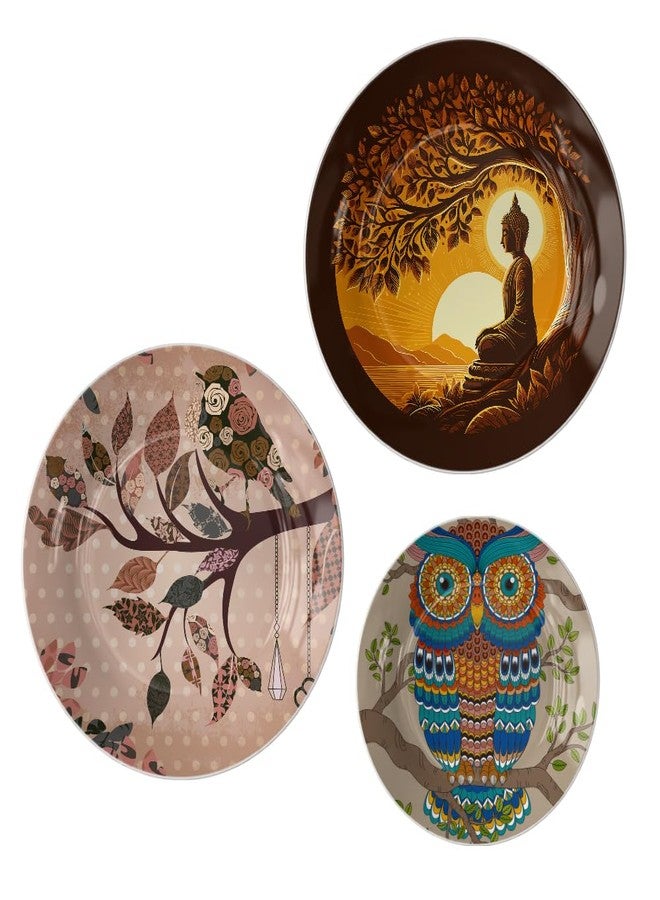 woodhang Spiritual & Bohemian-Inspired Decorative Ceramic Wall Plates Set of 3|Meditating Buddha, Owl & Bird Motifs|Living Room, Yoga Room & Bedroom Decor|Beautiful Housewarming Gift - Image 4