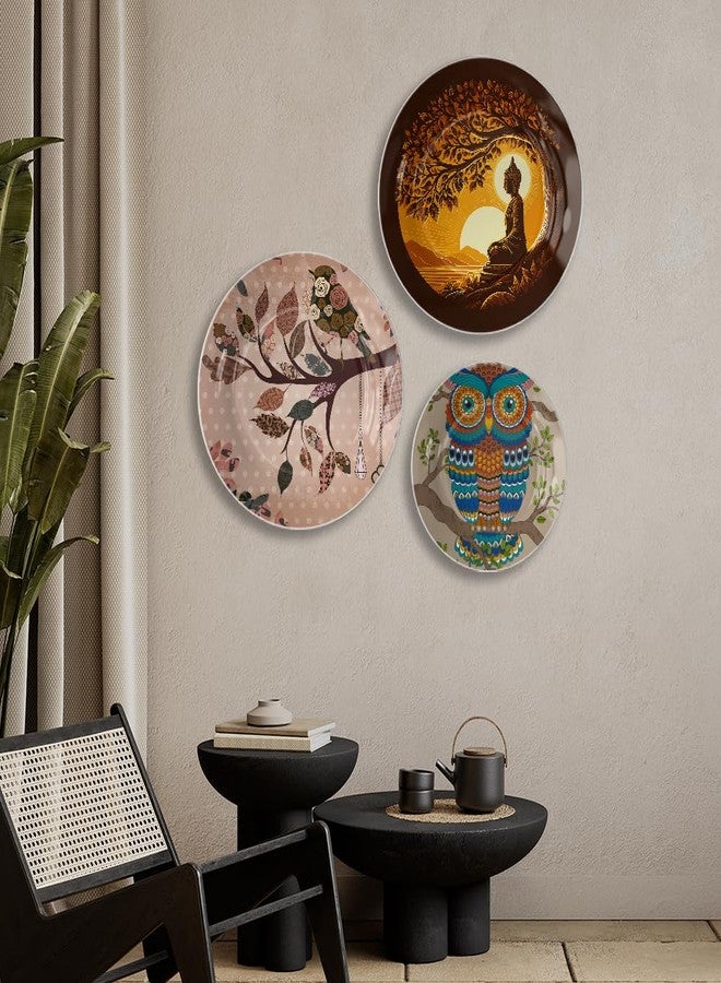 woodhang Spiritual & Bohemian-Inspired Decorative Ceramic Wall Plates Set of 3|Meditating Buddha, Owl & Bird Motifs|Living Room, Yoga Room & Bedroom Decor|Beautiful Housewarming Gift - Image 5