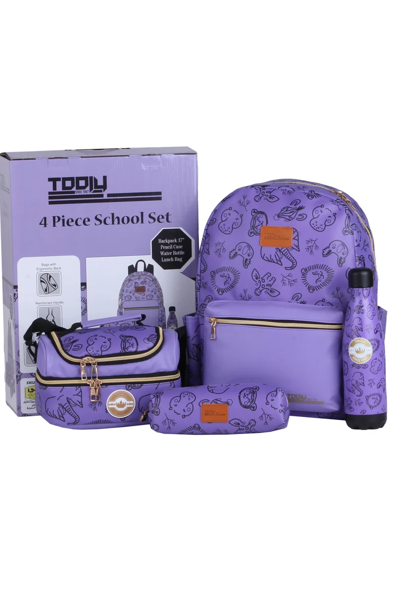 TOOLY School Set 4 Pcs, Backpack, Lunch Bag, Pencil Case, Water Bottle, Purple with Patterns (Size: H 42 X 30 X 13 CM)