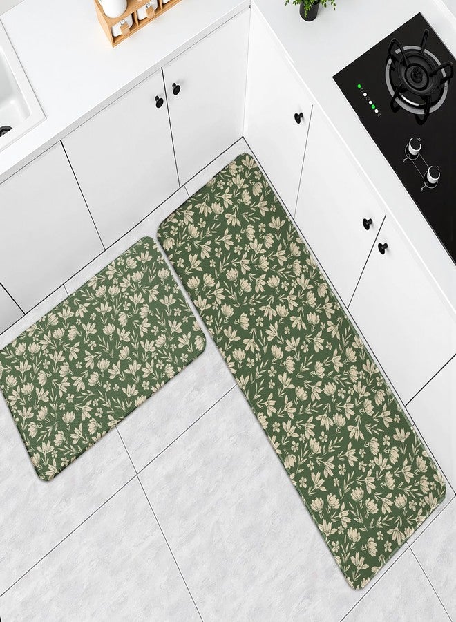 Aytipun Spring Sage Green Kitchen Rugs for Floor Set of 2 Vintage Flower Old Style Cute Cream Floral Decorative Kitchen Mats Non Slip Rustic Farmhouse Kitchen Decor Runner Rugs, 17x47 inch and 17x30 inch - Image 2
